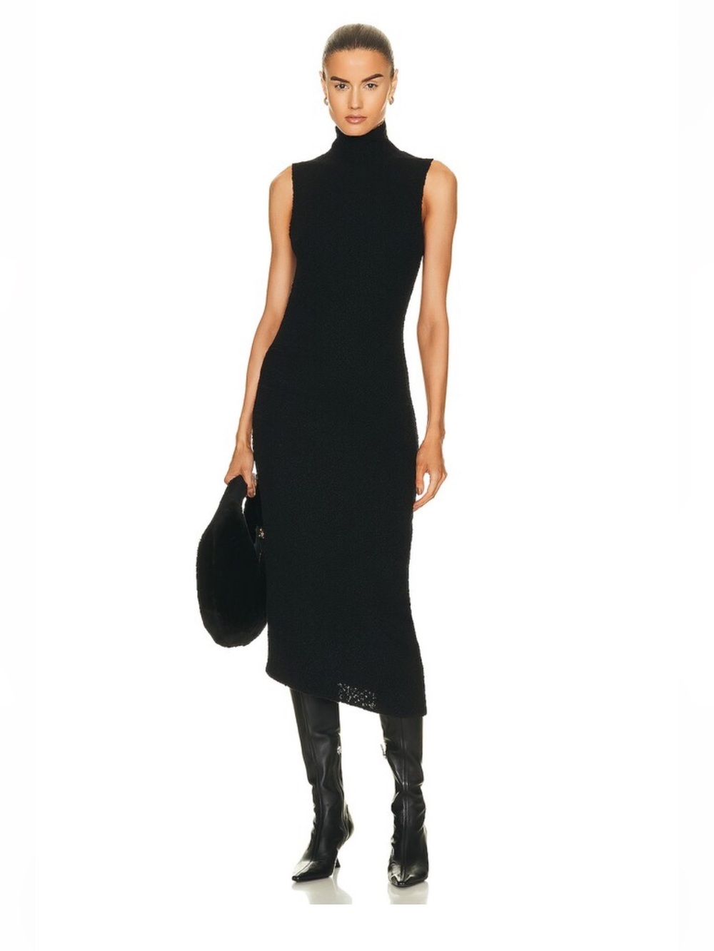 Helmut lang merino wool boucle style midi fitted dress in black size large - Picture 1 of 16